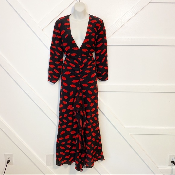 Rixo Rose Lip Print V-Neck Long Sleeve Open Back Ruffle Front Silk Midi Dress L - Picture 3 of 13